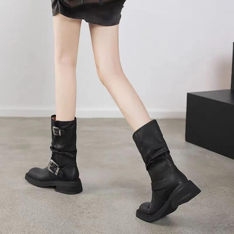 Women Fashion Boots Pleated Mid-calf Boots Platform Heels Autumn Cow Suede Women Boots Square Toe Chunky Heels Boots for