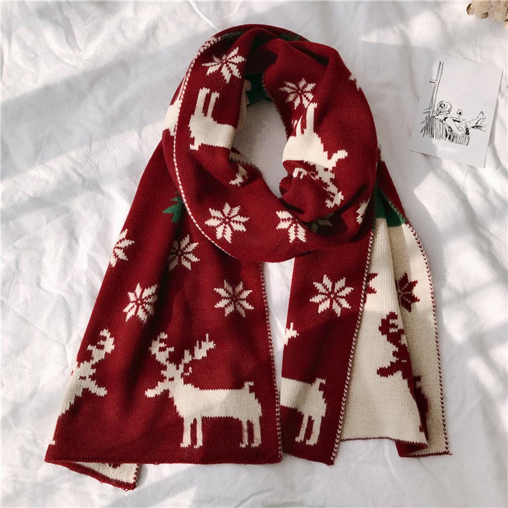 Christmas Red Knitted Cotton Shawls Scarf Woman Winter Warmer Scarves Deer Elk Printed Wrap Female Muffler Gift Scarf  Shawls
