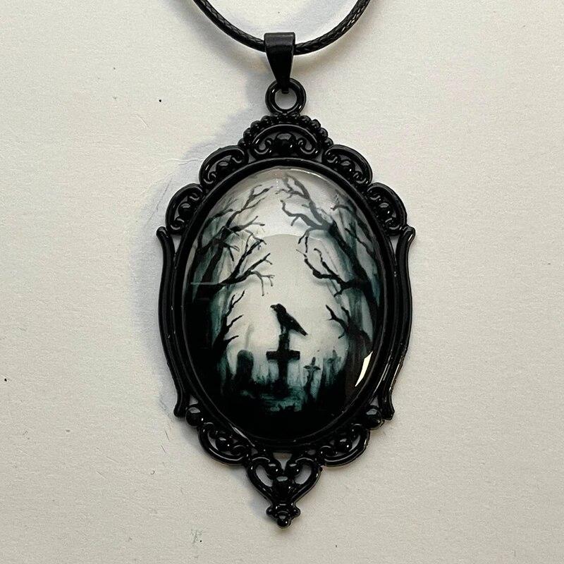 Gothic Crow Forest Charm Necklace Cross Crow Pendant Necklace Mystic Witch Jewelry Gift Accessories Rope Chain Goth Crow Choker