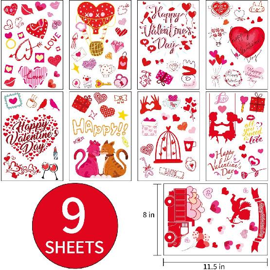 114Pcs/9 Sheets Valentines Day Decor Window Clings Hearts Double Sided Reble Vinyl Window Stickers for Glass, Mirrors, Refrigerators, Smooth Surfaces