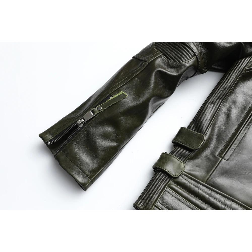 Chinese Size Unique Army Green Motorcycle Jacket Men Leather Jacket 100% Oil Wax Cowhide Motor Biker Jacket Male Leather Coat Winter M455