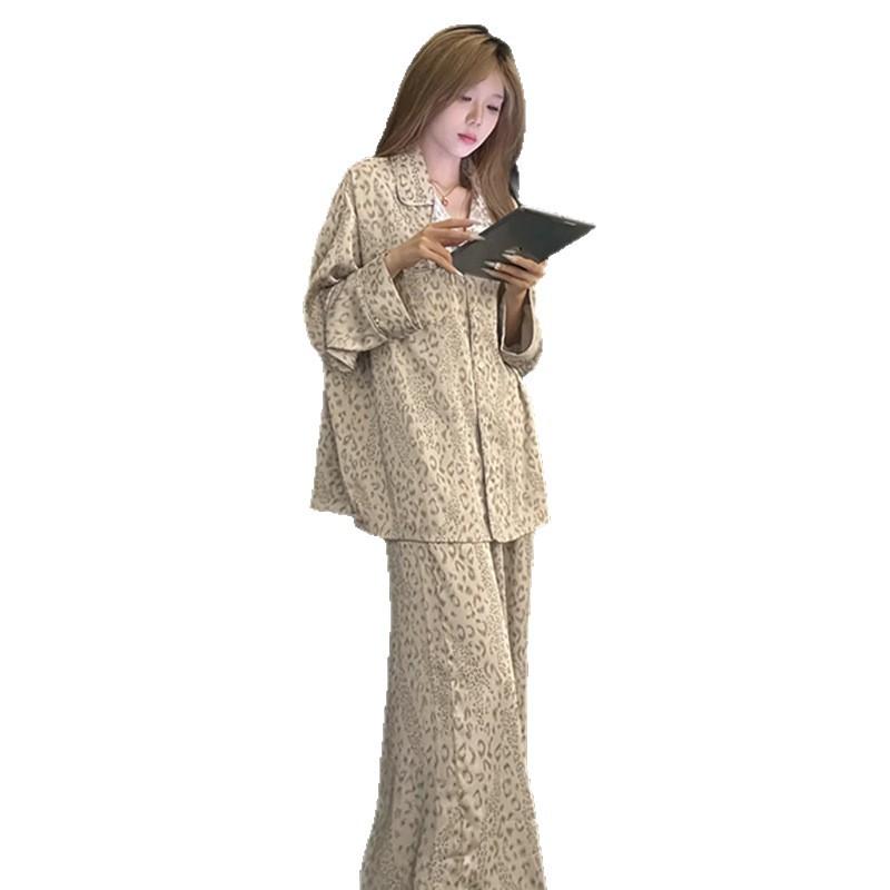 1011 new ice silk pajamas women's high-end thin long-sleeved trousers leopard print casual loungewear can be worn outside
