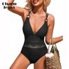 Women Crochet One Piece Swimsuits Plunge V Neck Strappy Bathing Suit Hollow Out Monokini Swimwear
