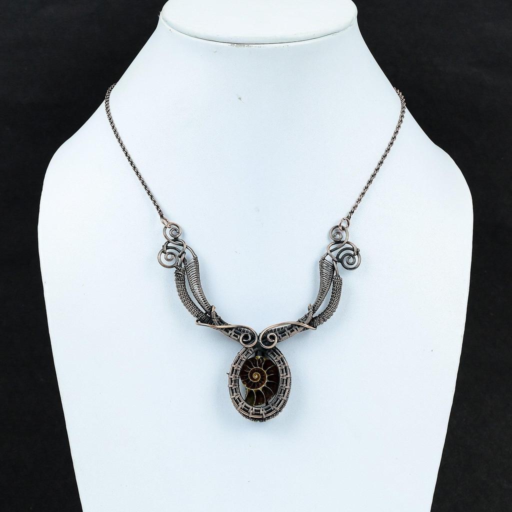 Ожерелье из окаменелости аммонита, ожерелье из медной проволоки, ювелирные изделия ручной работы из медной проволоки, ожерелье из драгоценных камней, ювелирные изделия из окаменелости аммонита, подарки для женщин