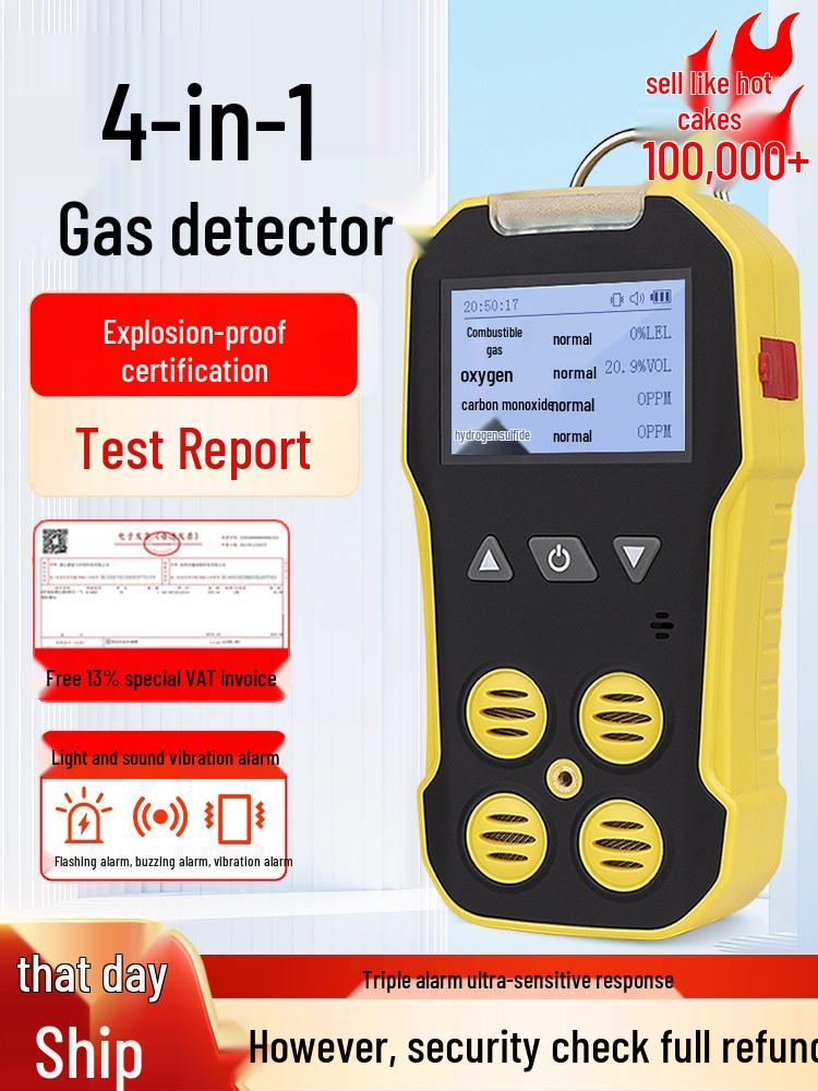Portable 4-in-1 Gas Detector: Pump-Suction Combustible, Hydrogen Sulfide, Nitrogen, and Oxygen Detection