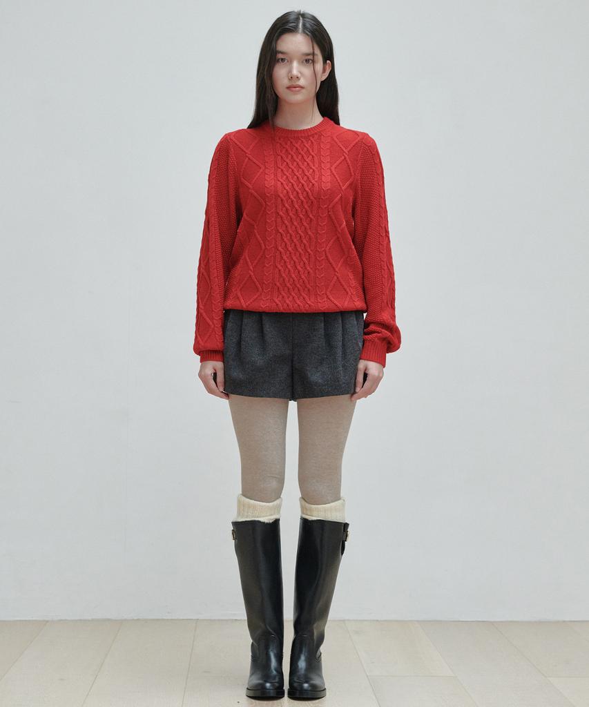 PLAC WOMEN Cable Basic Round Neck Knit Red