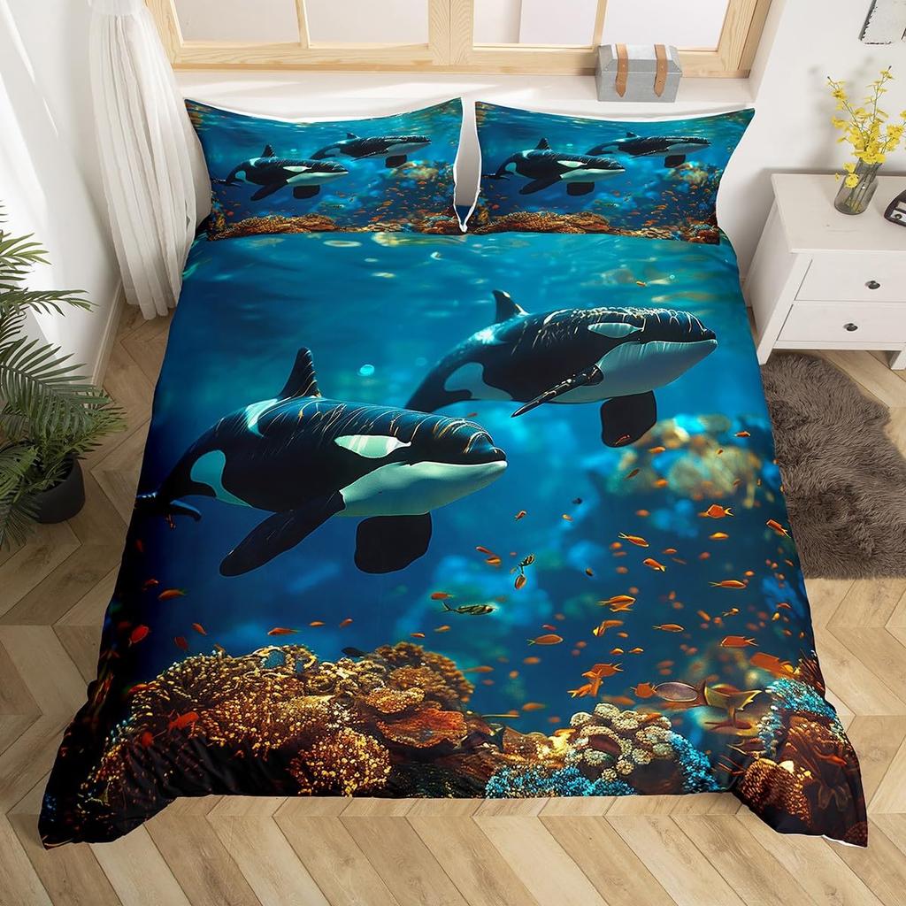 Blue Sea Whale Duvet Cover King Full Cartoon Ocean Animal Kids Bedding Set Coastal Beach Comforter Cover Ocean Waves Quilt Cover
