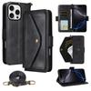 For iPhone 16 Pro Leather Case Magnetic Closure Wallet Stand Phone Cover with Crossbody Strap