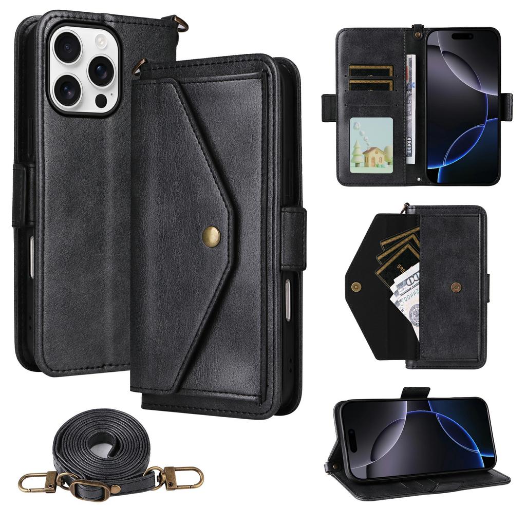 For iPhone 16 Pro Leather Case Magnetic Closure Wallet Stand Phone Cover with Crossbody Strap