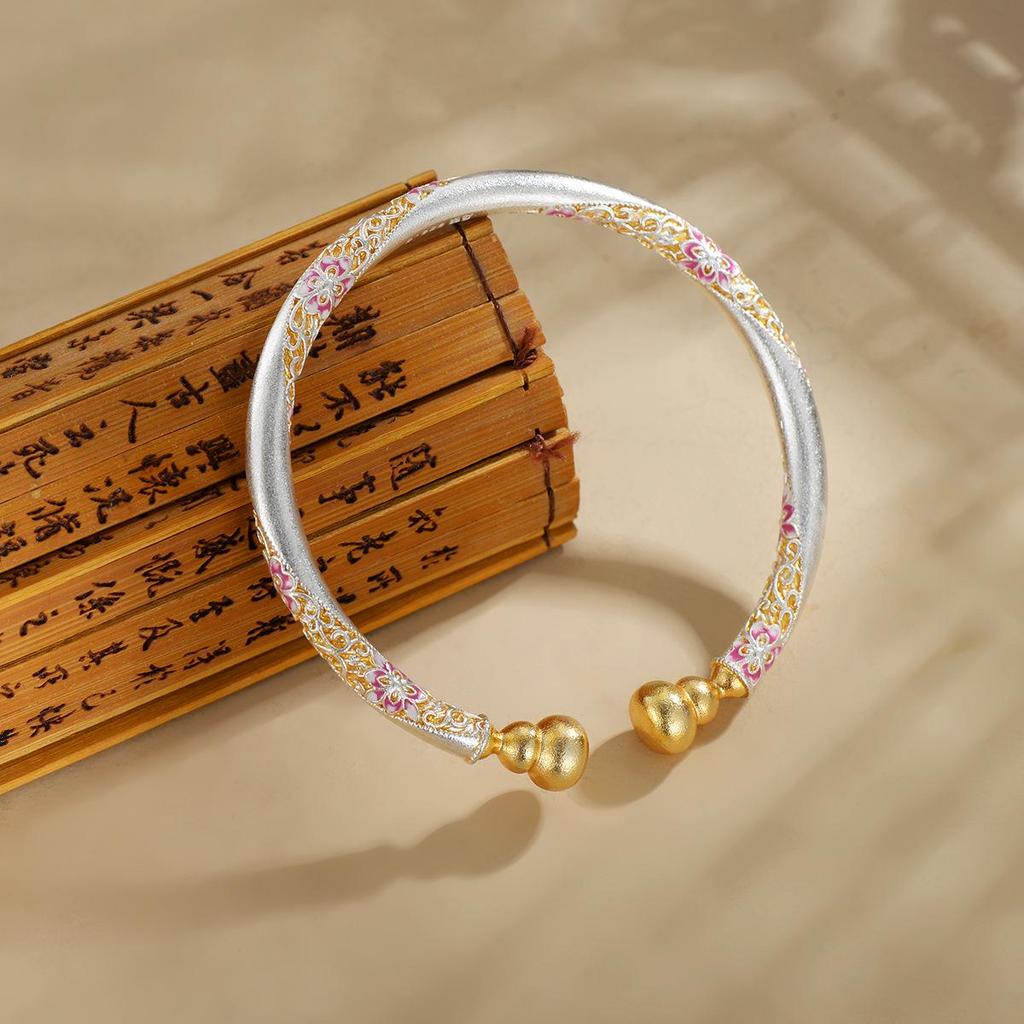 Цветочный перегородчатый эмалевый браслет-гурд - Женский посеребренный браслет из белой меди