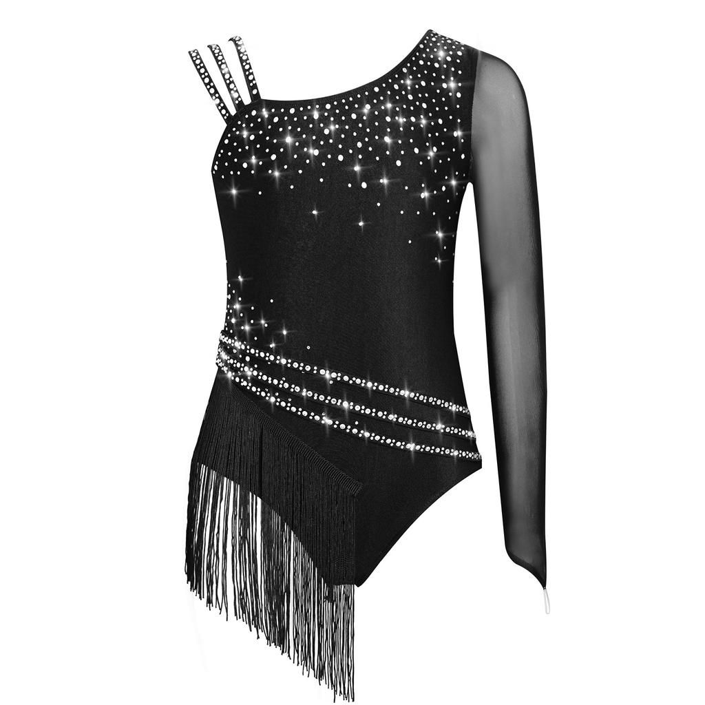 Girls Sparkling Rhinestones Fringe Leotard Irregular Tassel Bodysuit Figure Skating Dance Performance