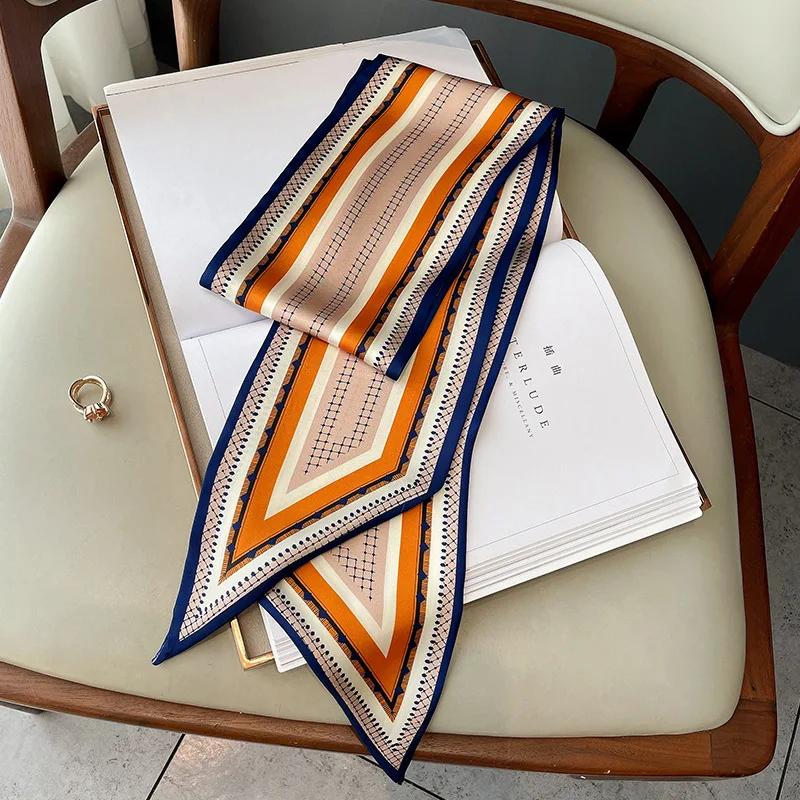 Дизайнерский принт шарф женский резинка для волос платок длинные узкие ленты модная сумка шарфы из шелка и атласа на голову 2021 Новый