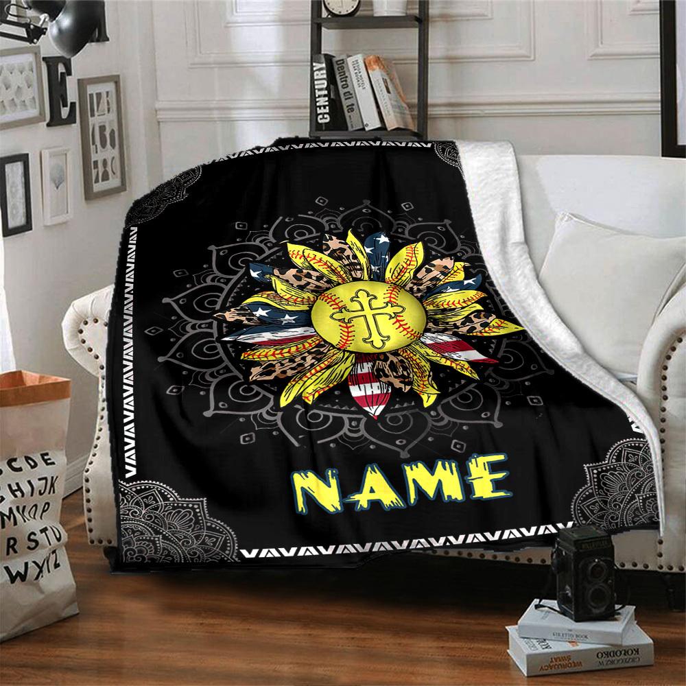 Softball Sunflower Home Customize Your Name Blankets Comfortable Soft Lightweight Allseason Multipurpose Blanket For Picnics Sofas Offices Beds Living