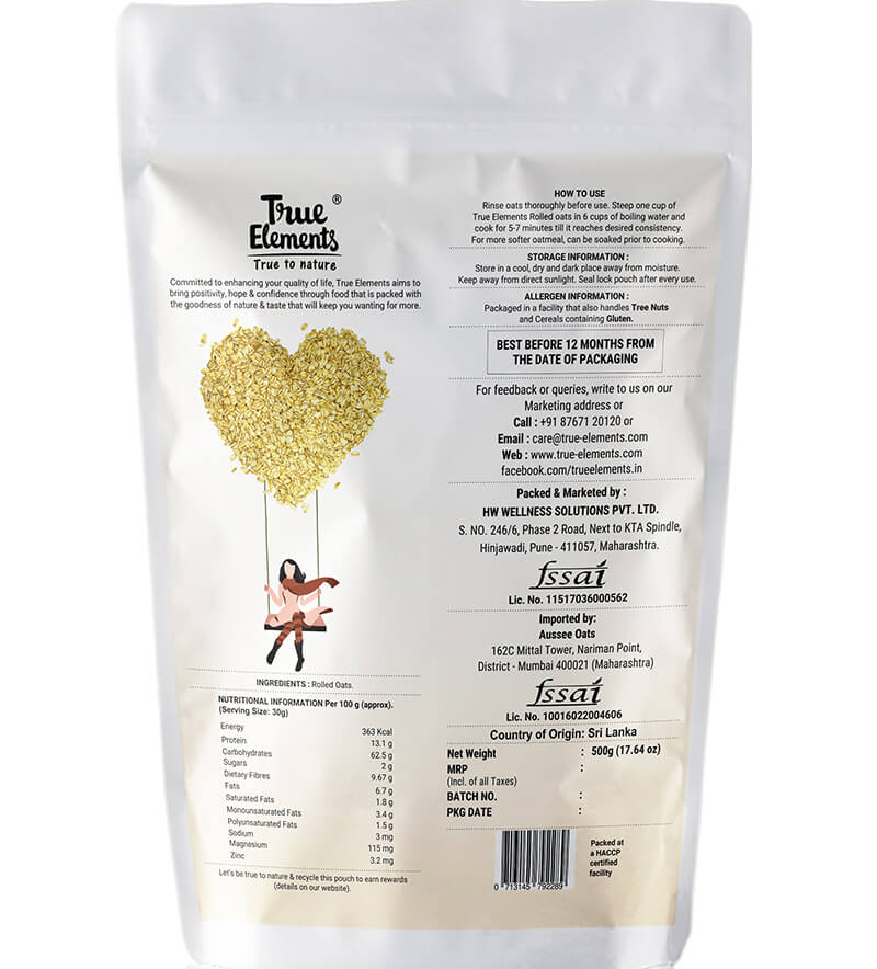 Овсяные хлопья без глютена (500 г), Rolled Oats Gluten Free,  True Elements