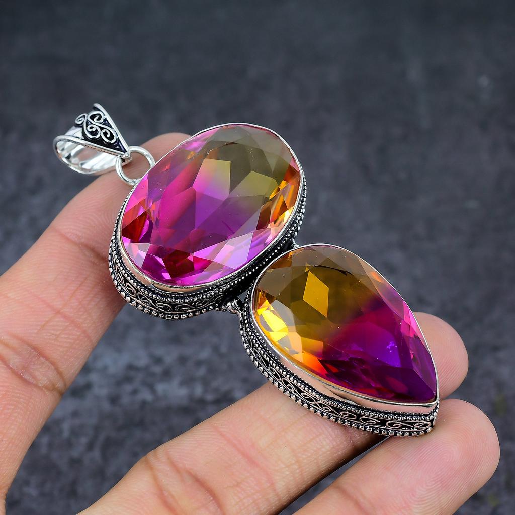 Natural Bi-Color Tourmaline 925 Sterling Silver Jewelry Pendant 3.31" E0b20
