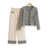 Women's Spring New Fashion Casual Plaid Sweater Wide Leg Pants Knit Two Piece Set