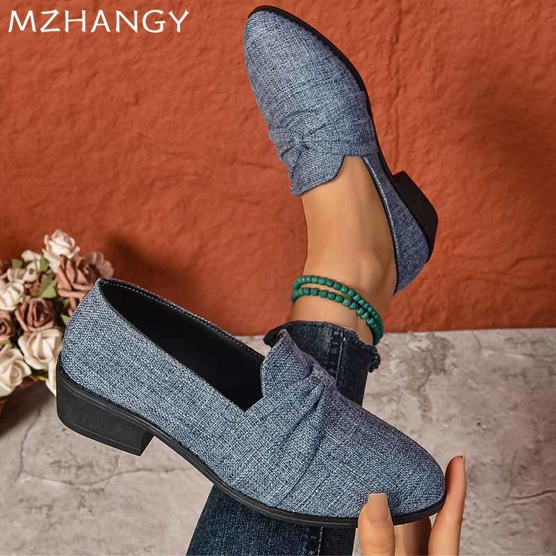 Модные холщовые толстые женские мокасины с бантом на среднем каблуке, прогулочная обувь для женщин 2025 года, зимние туфли-лодочки для платья, для путешествий, Zapatos