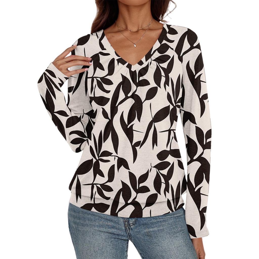Женский повседневный модный топ с V-образным вырезом, рукавами реглан, плиссировкой и цветочным принтом, с длинным рукавом