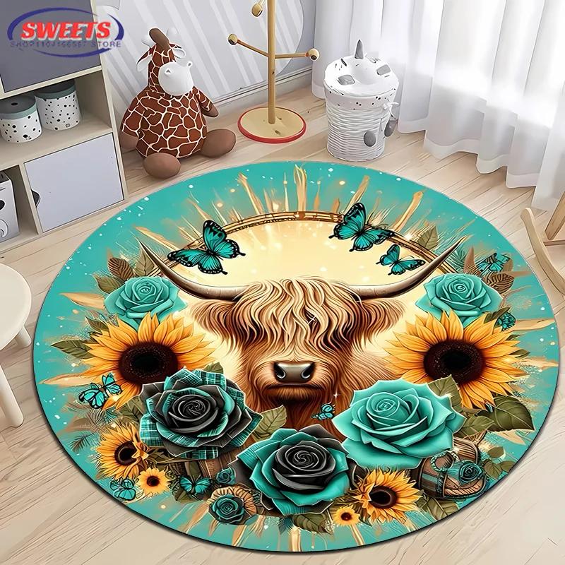 Scottish Highlands Cattle Printed Round Rug Living Room Bed Mat,Non-slip Durable Rug,Modern Simple Style,Machine Washable Carpet