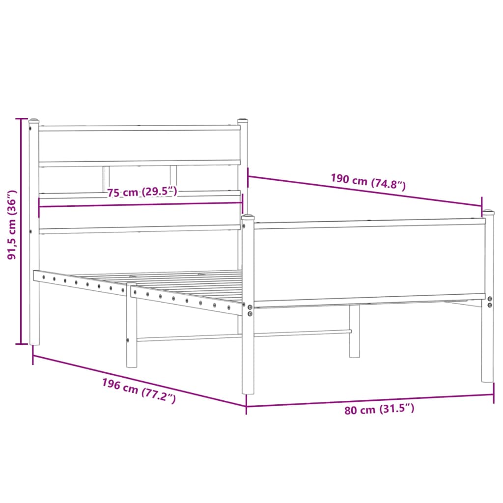 Bed Frame without Mattress Smoked Oak Finish 75 x 190 cm Engineered Wood