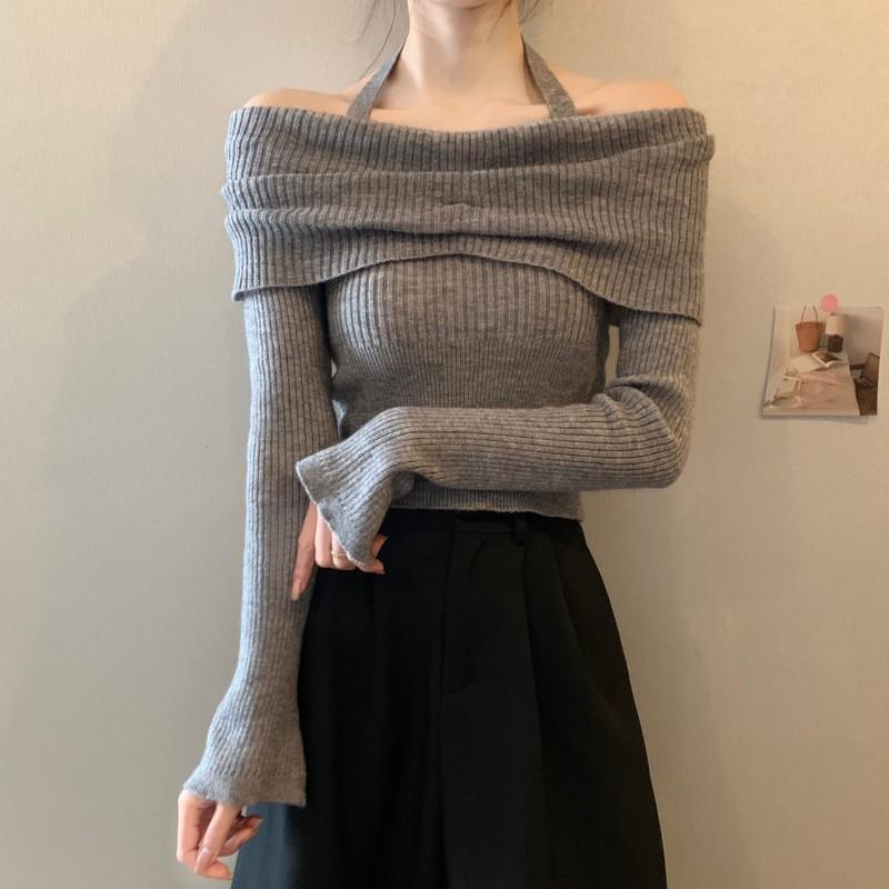 Осенне-зимние сексуальные женские свитера с разрезом на плече, с длинным рукавом, облегающие трикотажные свитера, топы, женские пуловеры с открытыми плечами, трикотажные изделия 24952