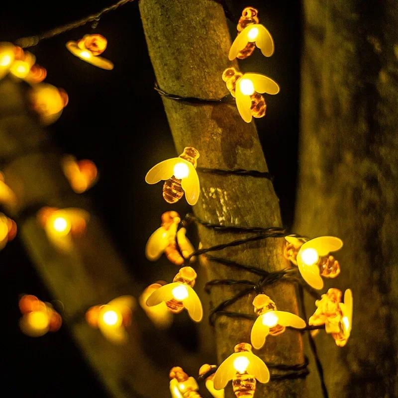 20/50/100 LED Солнечные Милые Пчелки Сказочные Гирлянды Садовые Сказочные Огни 8 Режимов Наружное Освещение для Пасхи Рождества Свадебного Декора