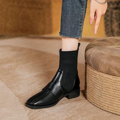 Эластичные носки ботильоны вязаные короткие ботинки 2025 новая осень и зима ретро коричневые на низком каблуке средней высоты ботинки квадратный носок толстый каблук тонкие ботинки
