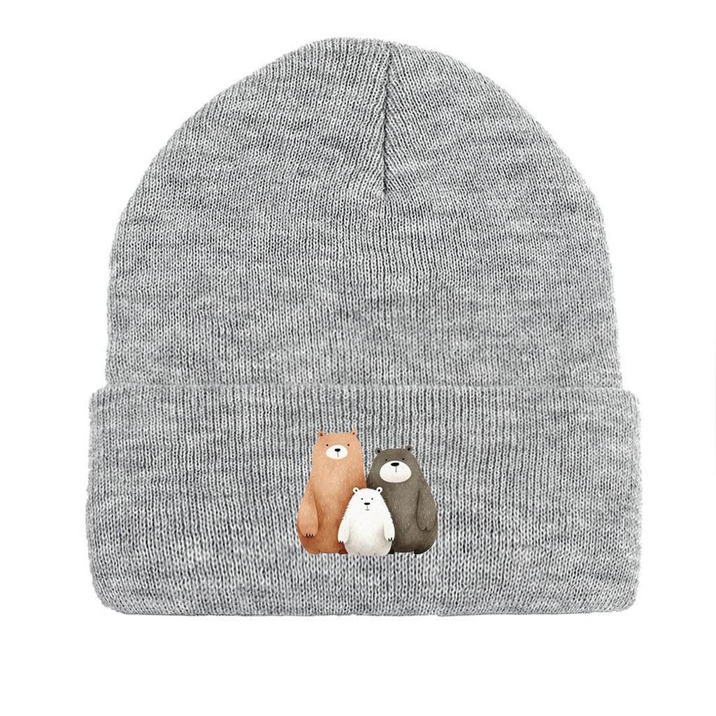 Cartoon Bear Family Print Knitted Cap Beanie, Cute Animal Skull Cap Warm Elastic Headwear Headwear Knit Hat Beanie