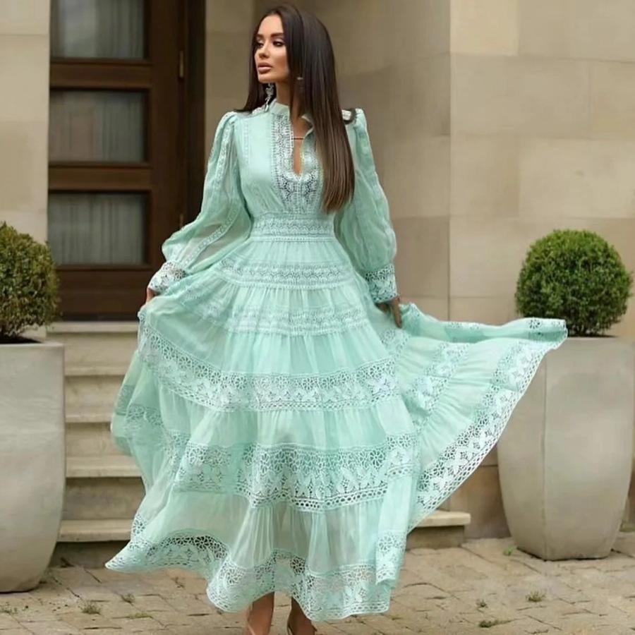 Лето Весна Женское Длинный Рукав Макси Вечеринка Vestido V-образный вырез Кружева Вышивка Элегантный Вечерний Свадебный Невесты Платье Рубашка