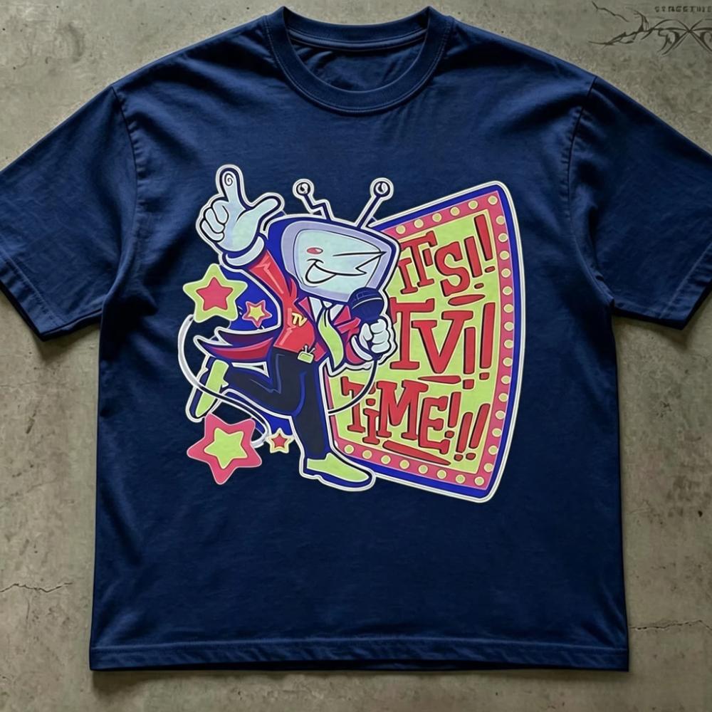 2026 Summer Vintage Oversized Tshirt For Adults Kids Retro Tv Head Cartoon Front Print Theme Art Loose Short Sleeve Street Tee