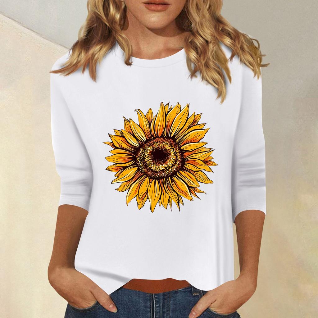 Женская мода повседневный принтованный топ с семью рукавами и круглым вырезом