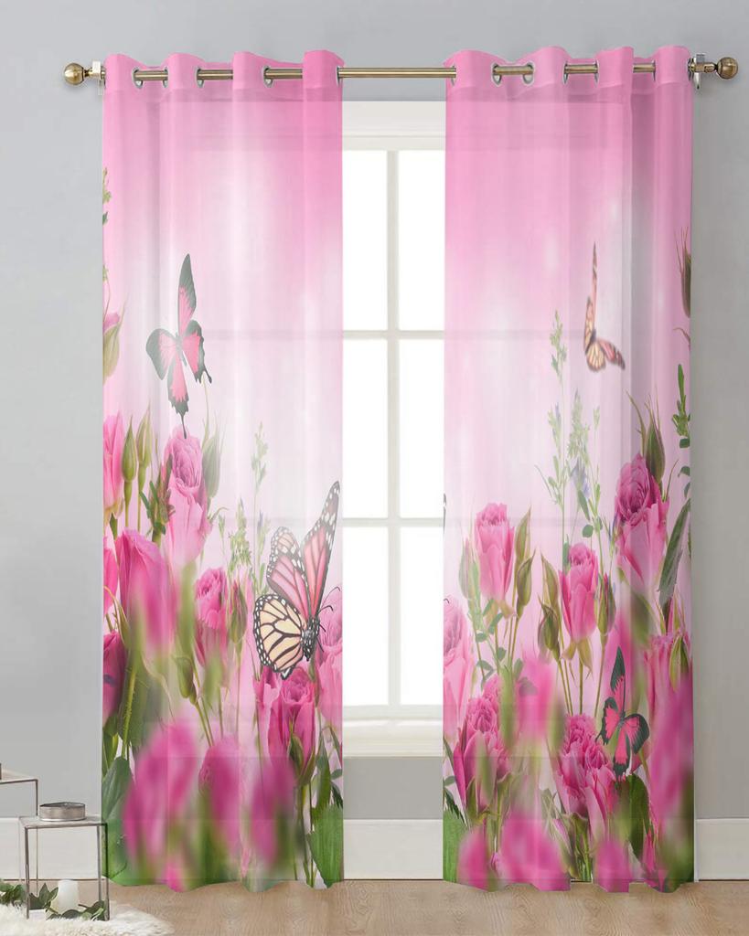 Flowers Butterfly Rose Sheer Curtains for Living Room Decoration Window Curtains for Kitchen Tulle Voile Organza Curtains