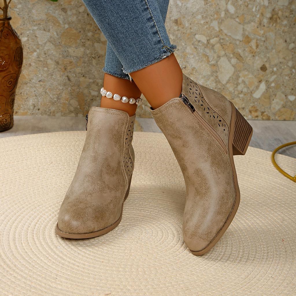 Women's Vintage Slip-On Chunky Low Block Heel Ankle Boots - Almond Toe Round-toe Winter Boots with PVC Upper & Lining, Beige/Caramel Brown/ Blue/Dark