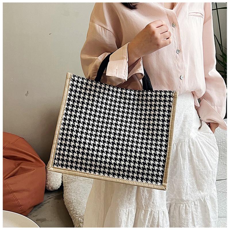 Льняная клетчатая сумка, большая вместительная клетчатая сумка для покупок, простая модная женская сумка через плечо