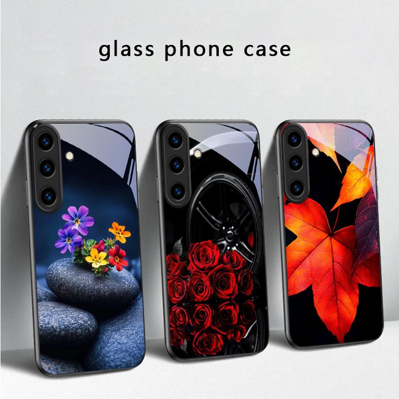 Цветы из мелких камней Для Samsung Galaxy S20 S21 S22 S23 Plus S24 FE S25 Ultra S26 Edge S25+ S20+ S22+ Черный стеклянный чехол для телефона