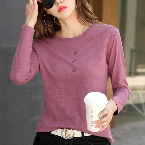 2023 Fashion O-neck Long Sleeve Shirt Women Tops Cotton T-shirt Autumn Solid Loose All-match Office Lady Korean Clothes 10800