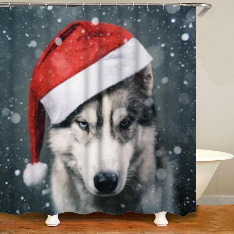 Cute Siberian Husky Shower Curtain Christmas Shower Curtain Set Husky Dog Puppy Bathroom Curtain Pet Dogs Christmas Home Decor