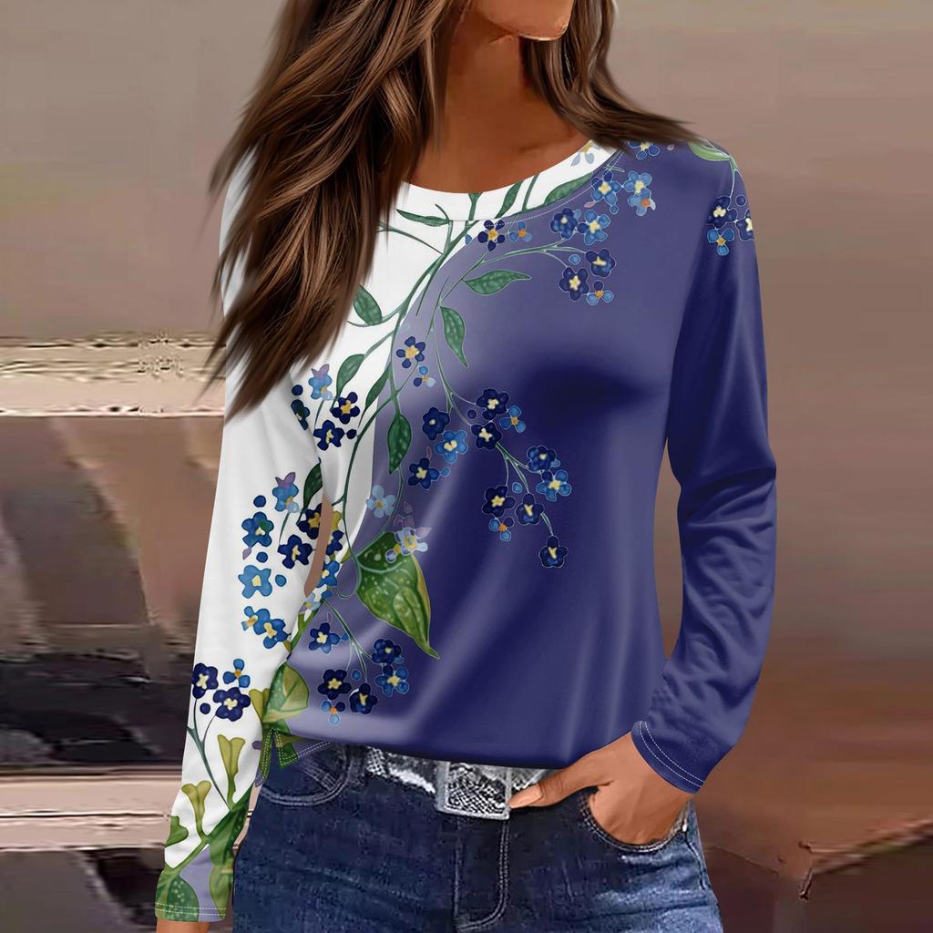 Women's Fashion Casual Slit Hem Round Neck Long Sleeve Loose  Printed T-Shirt Ladies Top
