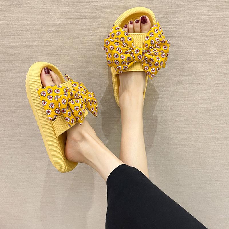 Женские летние новые сандалии на толстой подошве с бантом, модная уличная одежда для купания в помещении, нескользящая пляжная дышащая износостойкая обувь