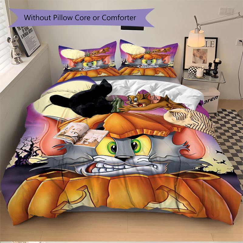 3pcs Halloween Spooktacular Tom and Jerry Printed Duvet Cover Set (1 * Cover+2 * Pillowcase, Without Core), Suitable for Home Bedroom, Guest Room