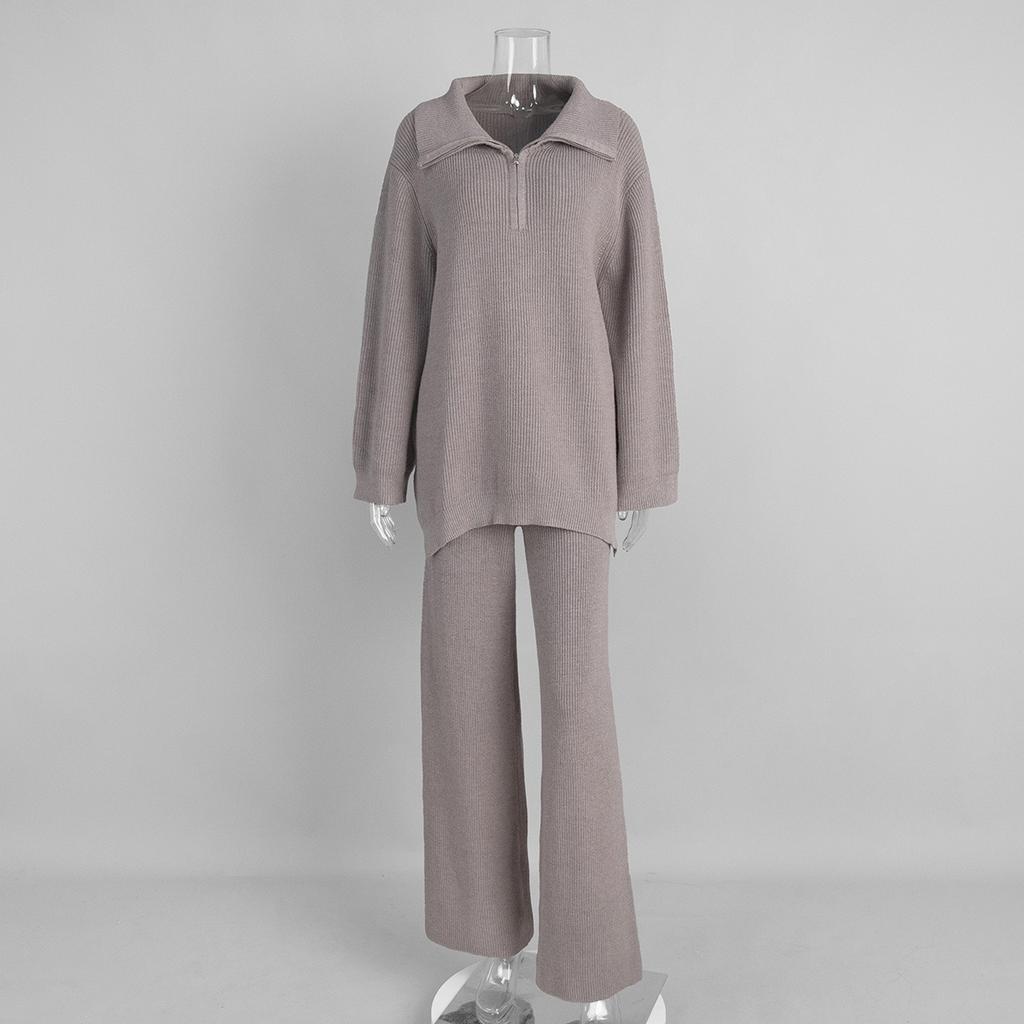 Новый женский вязаный костюм на осень-зиму 2025 года с воротником на молнии, длинными рукавами и брюками палаццо для Европы и Америки