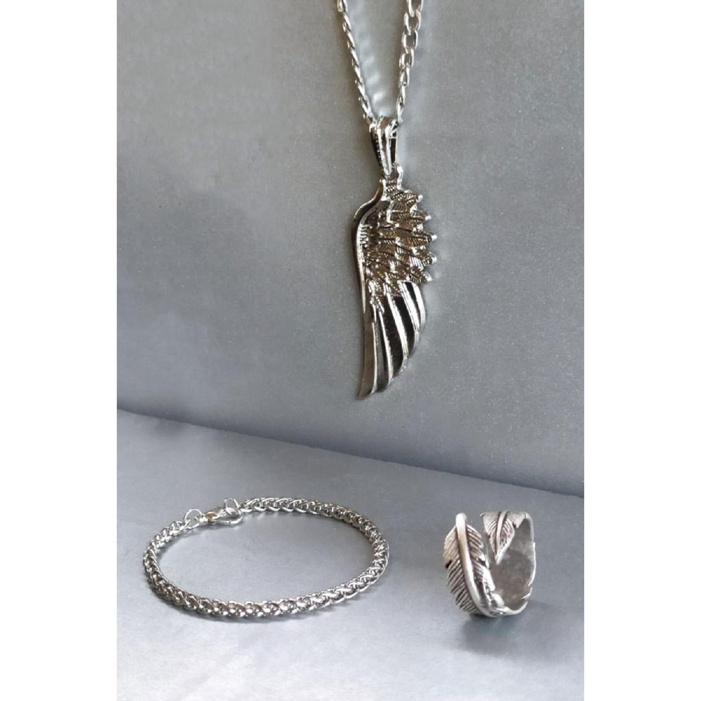 Модель Leaf Feather Регулируемый серебряный цветной браслет с кольцом и комплект ожерелья с крыльями