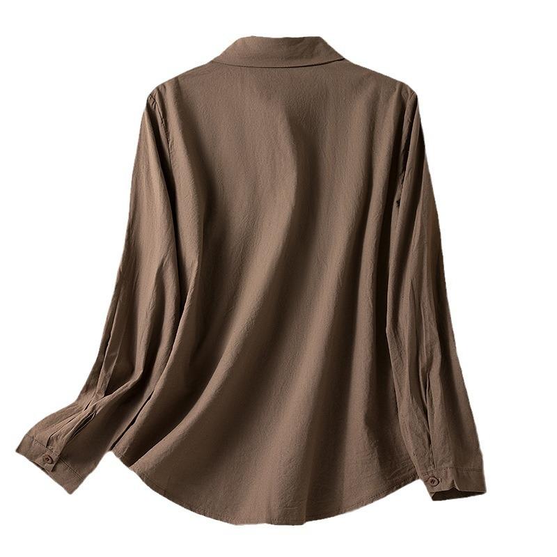 Хлопково-льняная блузка с вышивкой, однотонная весенне-осенняя рубашка на пуговицах, повседневный свободный топ с длинными рукавами с лацканами для женщин