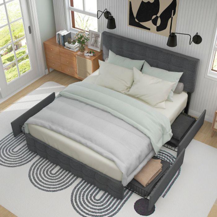 Lit - MUVOE - 140x200 cm - Tête de lit réglable - 4 tiroirs - Matelas à ressorts gris
