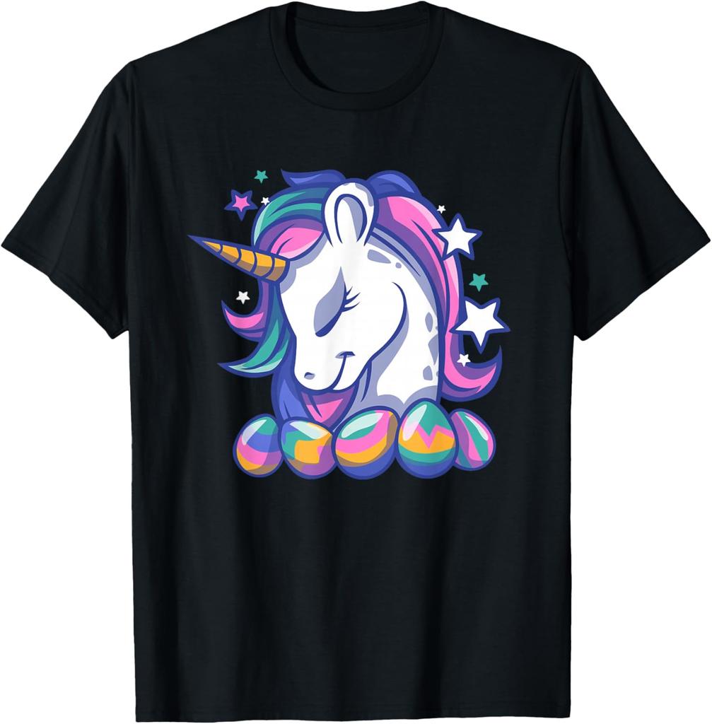 Пасхальный Единорог Радужные Яйца Графическая Футболка Повседневная Хлопковая Футболка с Коротким Рукавом для Праздничного Веселья