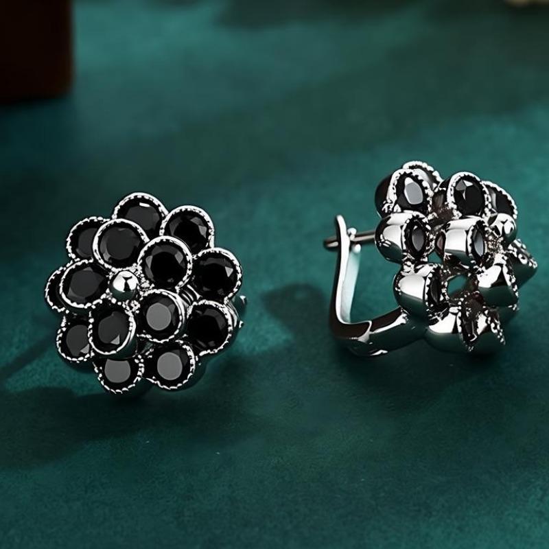 Black Awn Украшения Черные Украшения Черный Камень Цветок Серьги-Кольца