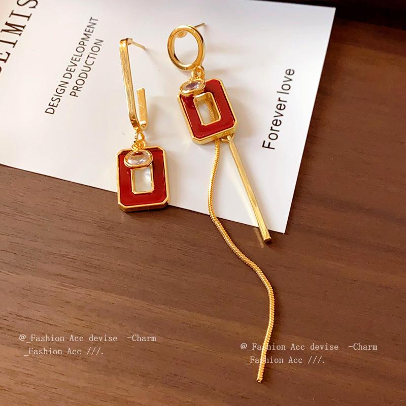 Серебряная игла капающее масло круглый квадратный асимметричные серьги простые трендовые длинные серьги ретро французские серьги женские