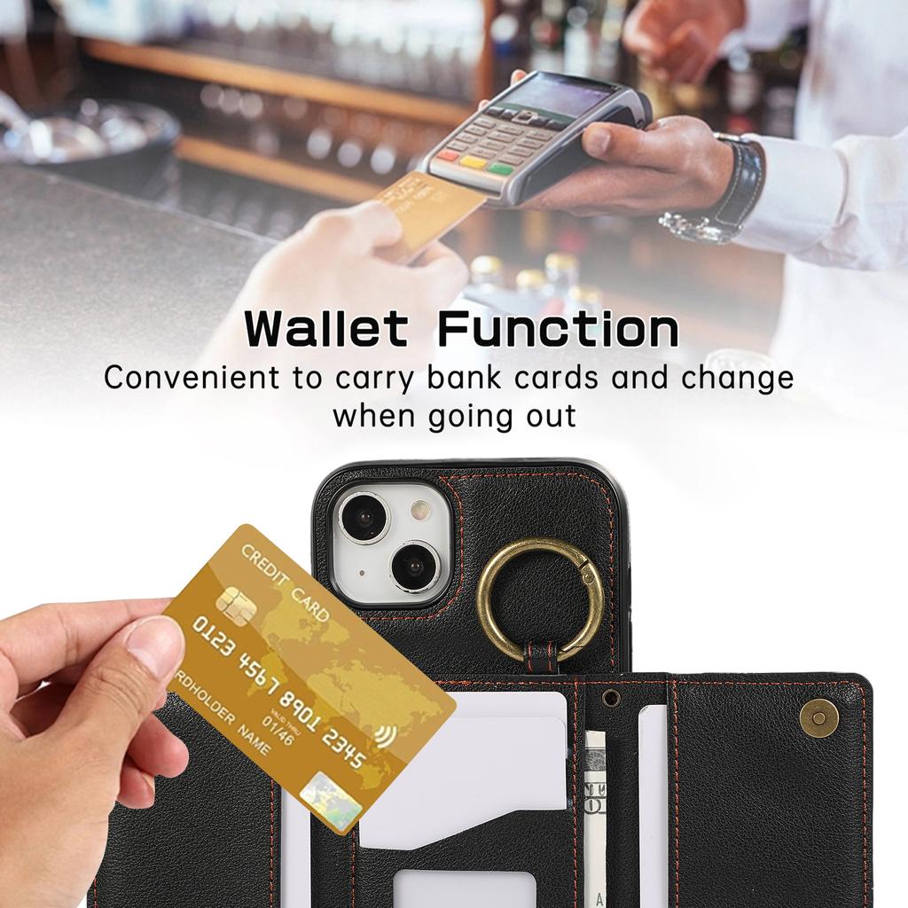 For iPhone 14/13 Leather Back Cover Zipper Wallet Kickstand Phone Case with Shoulder Strap