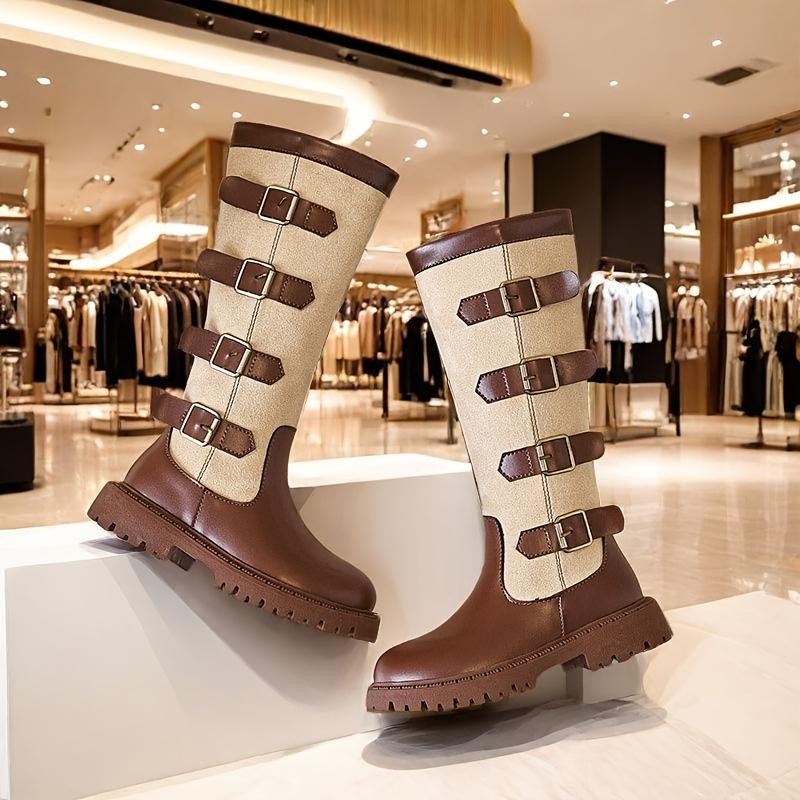 Девочки Высокие Ботинки Боковая Молния Коричневый Белый Контрастный Дизайн Круглый Носок ПВХ Подошва Зимняя Мода Размеры Для Выступлений Повседневная Носка Прочная ПВХ Подошва