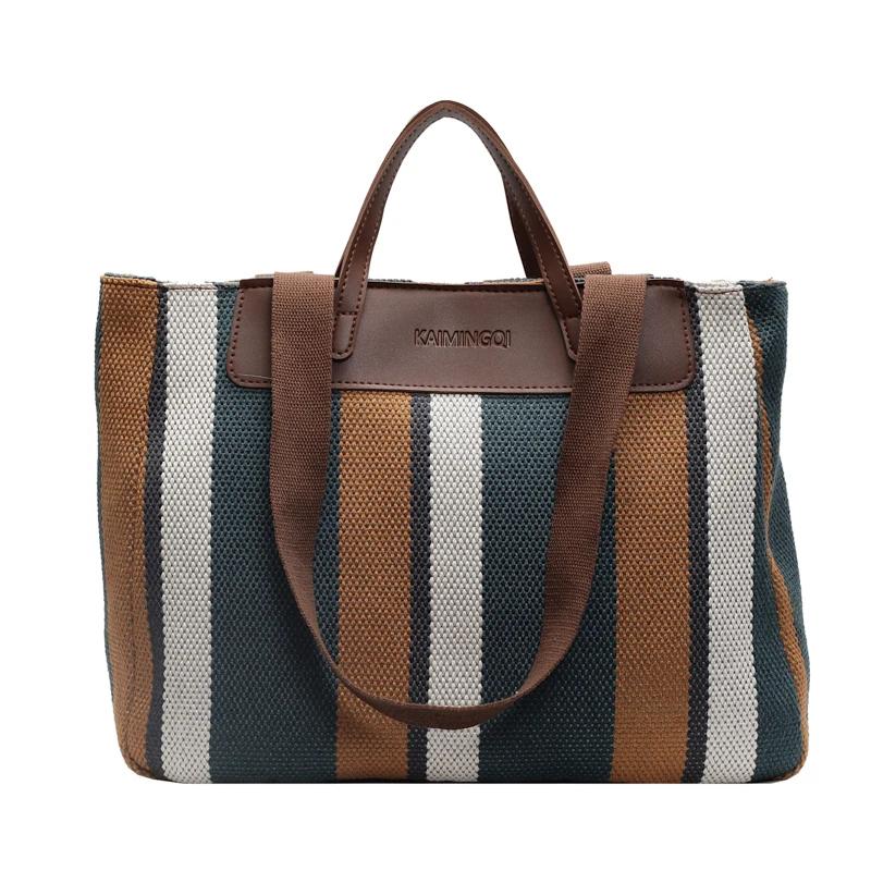 High-capacity Feminine Striped Canvas Bag New Pattern Fashionable Color Collision Travel Bag Versatile